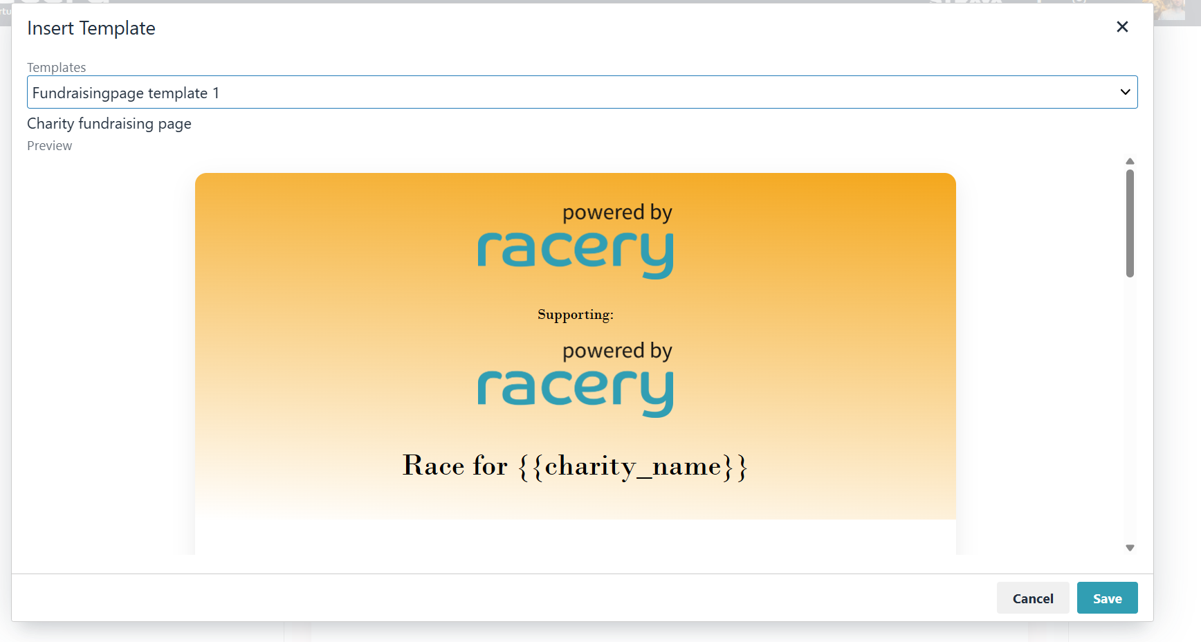 Fundraising template 1 &mdash; Charity fundraising page with orange gradient and powered by Racery branding